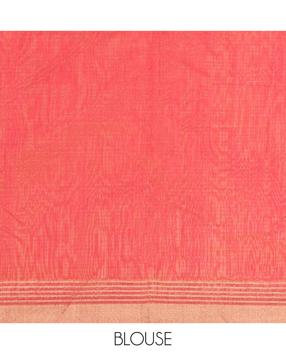 Orange floral, animal motifs chanderi cotton saree with self zari border & geometric design pallu