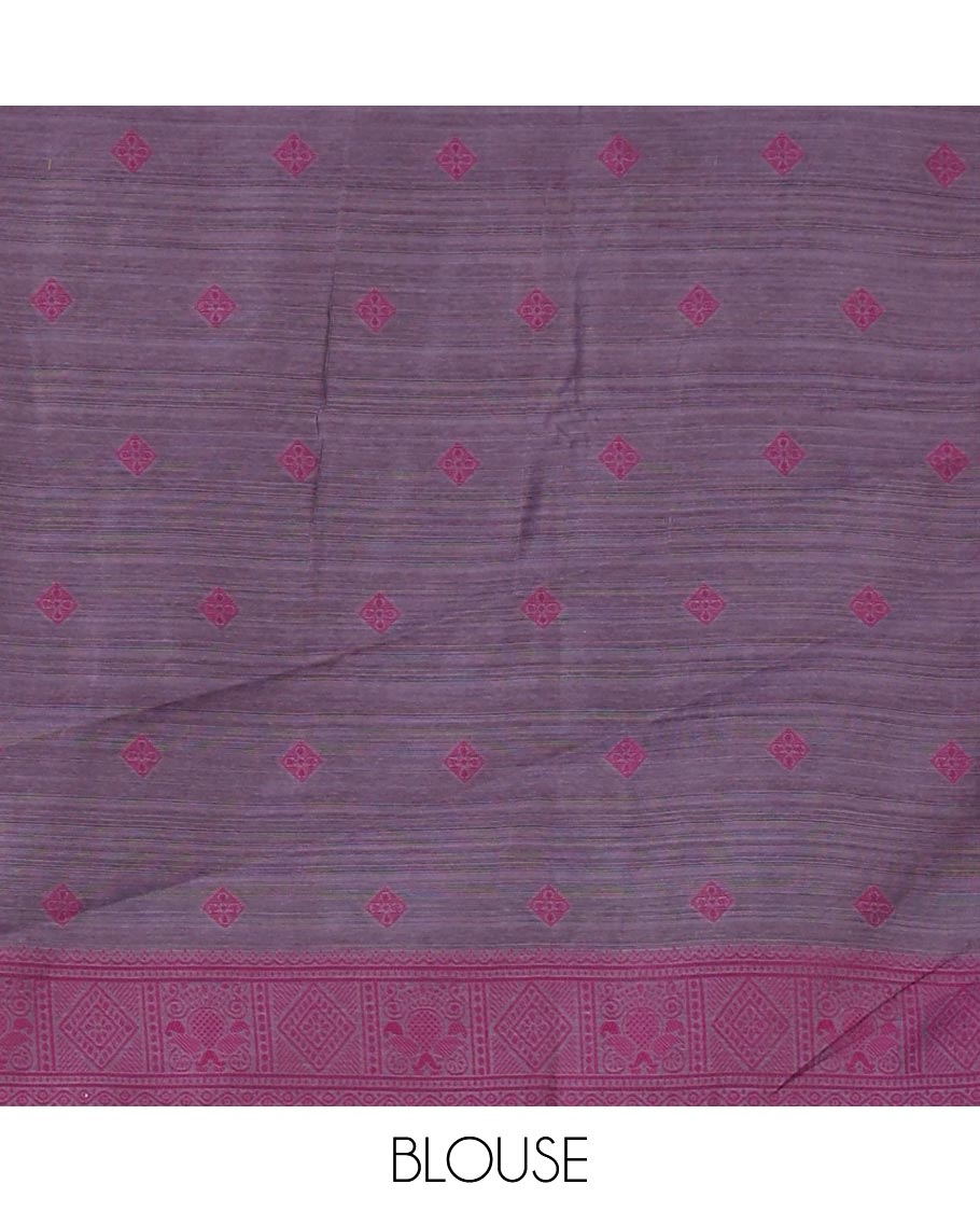 Borderless light purple banaras jute silk saree with floral thread buttas woven all over it's body, intricate pallu & butta design blouse