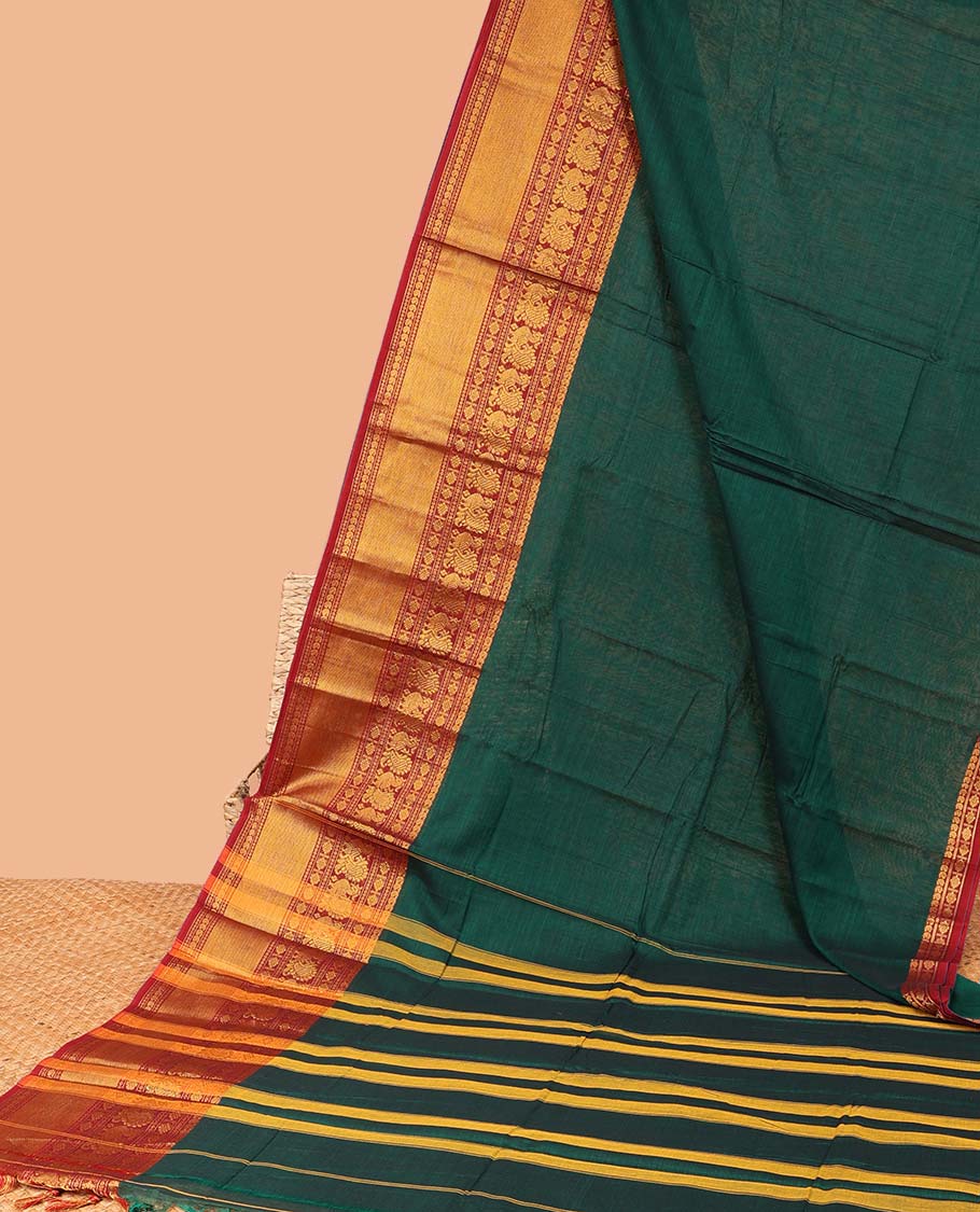 Green plain design Narayanapet cotton saree, contrast traditional design border & striped pallu