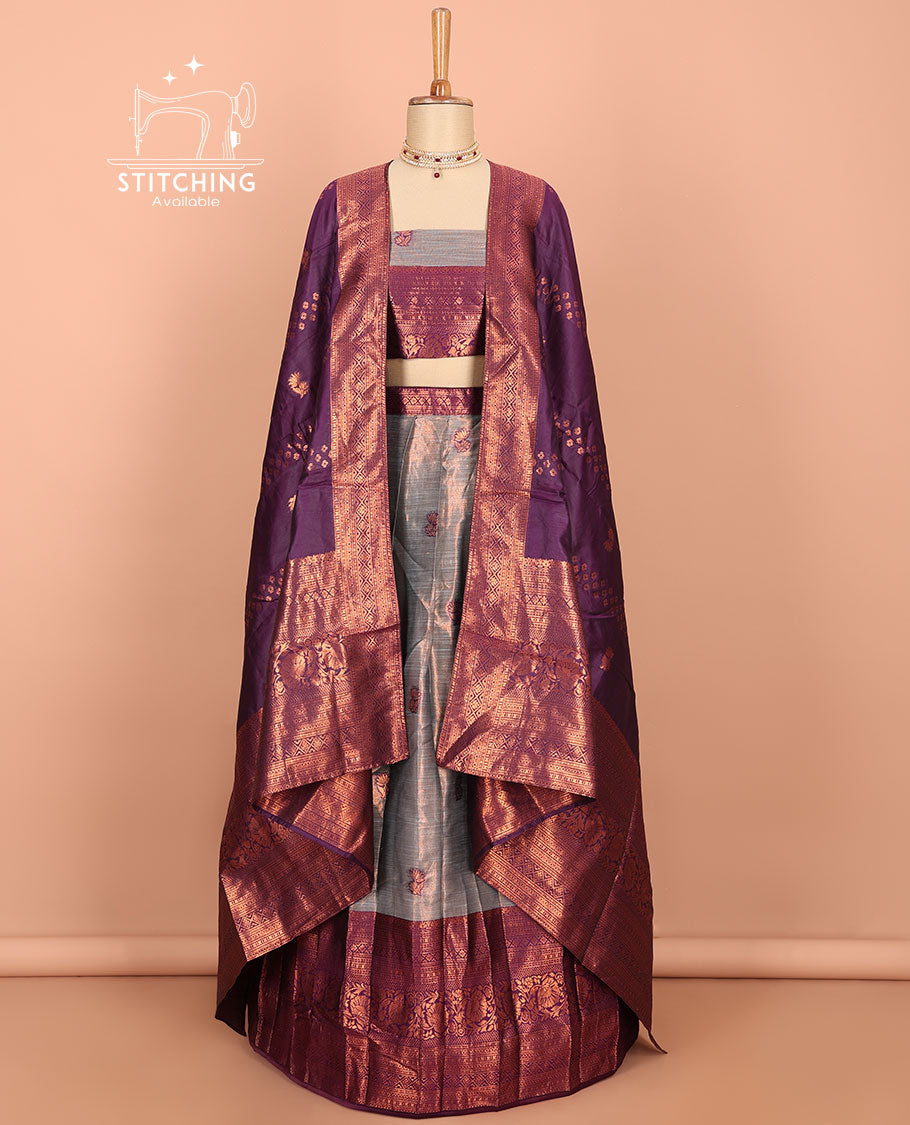 Grey buttas art silk half saree, contrast traditional design border, zari design blouse & intricate dhavani
