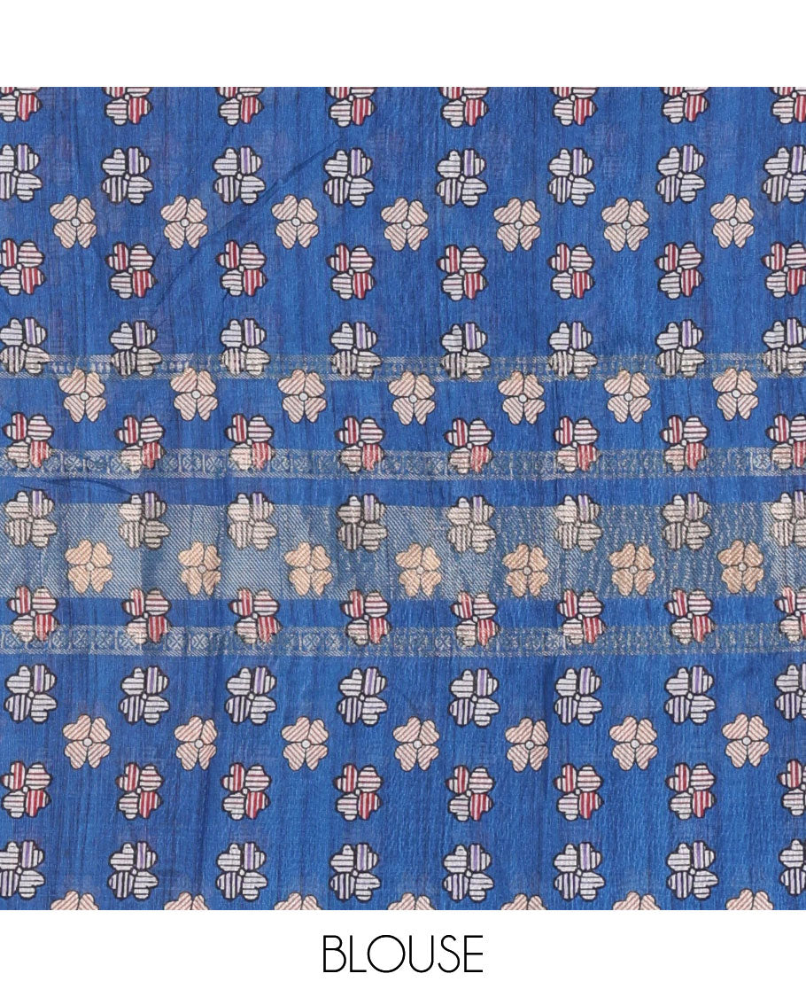 Blue Madhubani flora-peacock motifs printed moss crush saree, double-sided zari border, Madhubani village printed pallu, and a buttas printed blouse