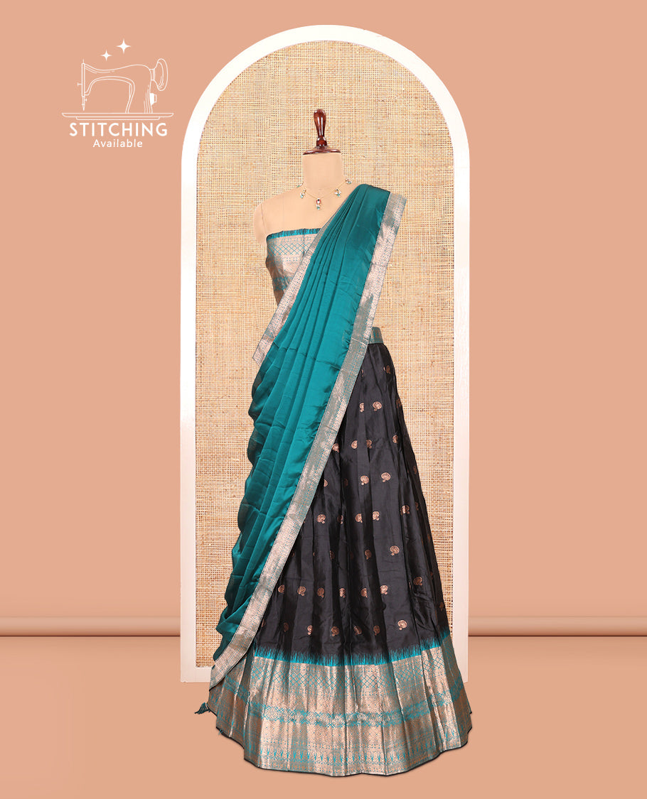 Black-Rama Green Semi-Silk Half-Saree Features Zari Buttas Skirt, Contrast Traditional Zari Border, a Matching Blouse, a Contrast Blouse