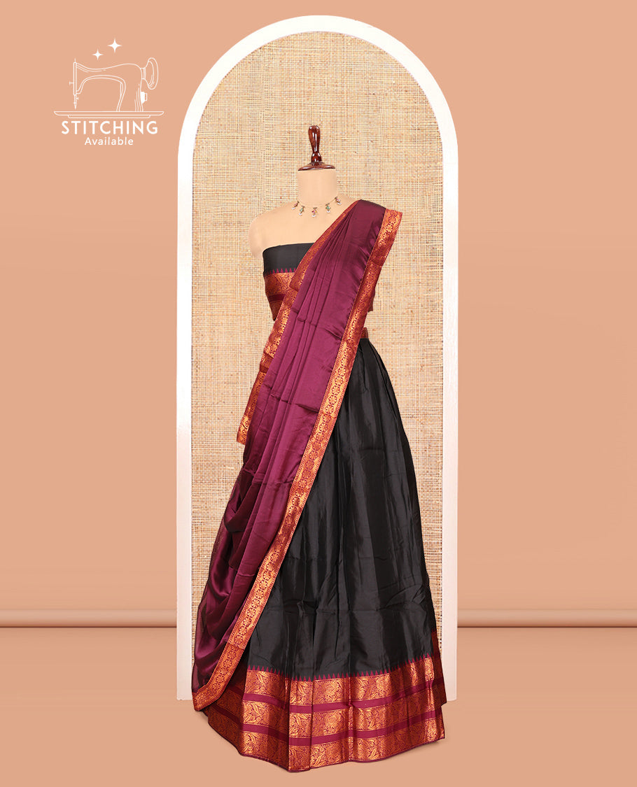 Black Semi-Banarasi Half-Saree Features Plain Skirt, Contrast Floral Creeper Zari Border, Matching Blouse, Contrast Dhavani