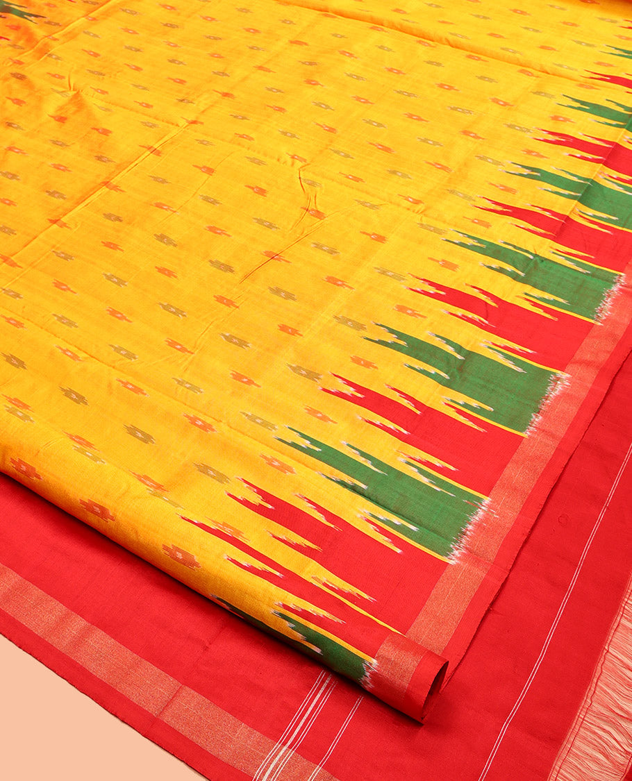 Yellow Pochampally Ikat Silk Saree, Ornamented with Ikat Buttas, Complemented by a Contrast Temple Border, Striped Pallu, and a Contrast Blouse