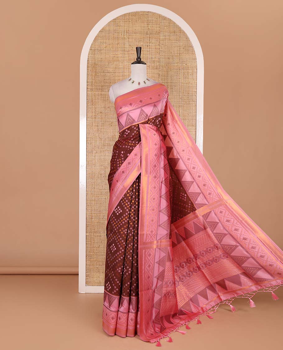 Maroon ikkat style zari and thread buttas elite soft silk saree, contrast ikkat design border, geometric patterned pallu, and a contrast blouse