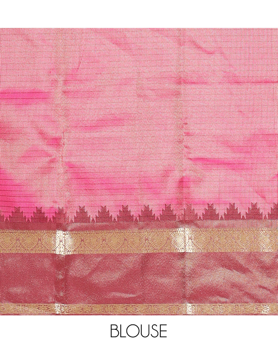 Pink Striped Semi-Katan Silk Saree, a Contrast Traditional Zari Temple Border, Plain Pallu, and a Contrast Blouse