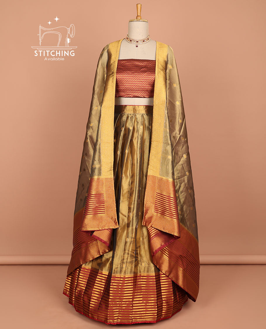 Brown buttas half saree with contrast striped border, intricate zari design blouse & butta , striped zari design dhavani