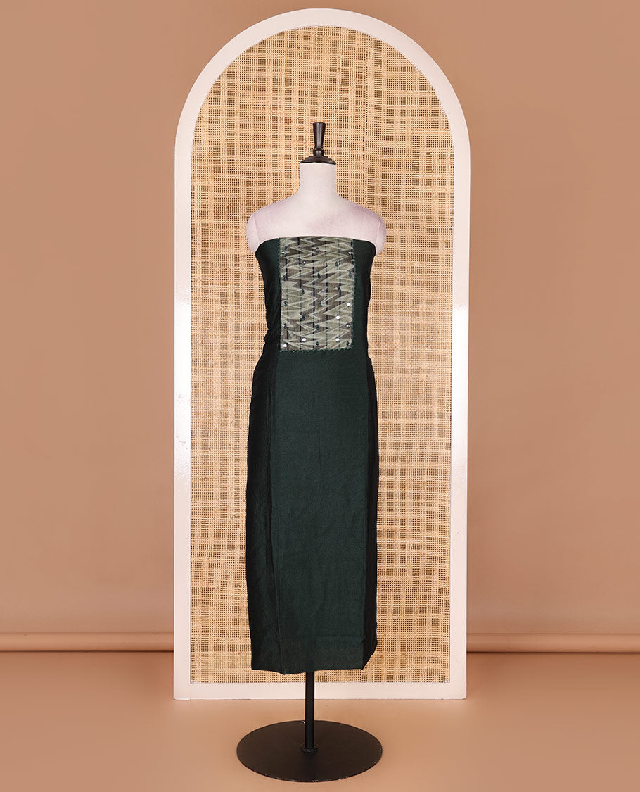 Bottle green Vertican silk material chudidar set, ikkat chevron striped with mirror neck embroidered top, santoon bottom, and contrast chevron striped dupatta