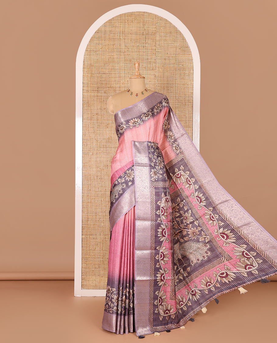 Pink tri-ombre colored zari stripes, and floral vine printed semi-tussar saree, contrast floral creeper zari border, kalamkari peacock printed pallu, and a contrast blouse of zari work and print