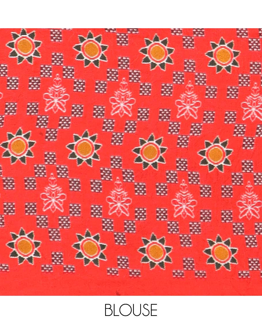 Blue checked design semi-banaras printed saree with contrast geometric border & animal, geometric design pallu