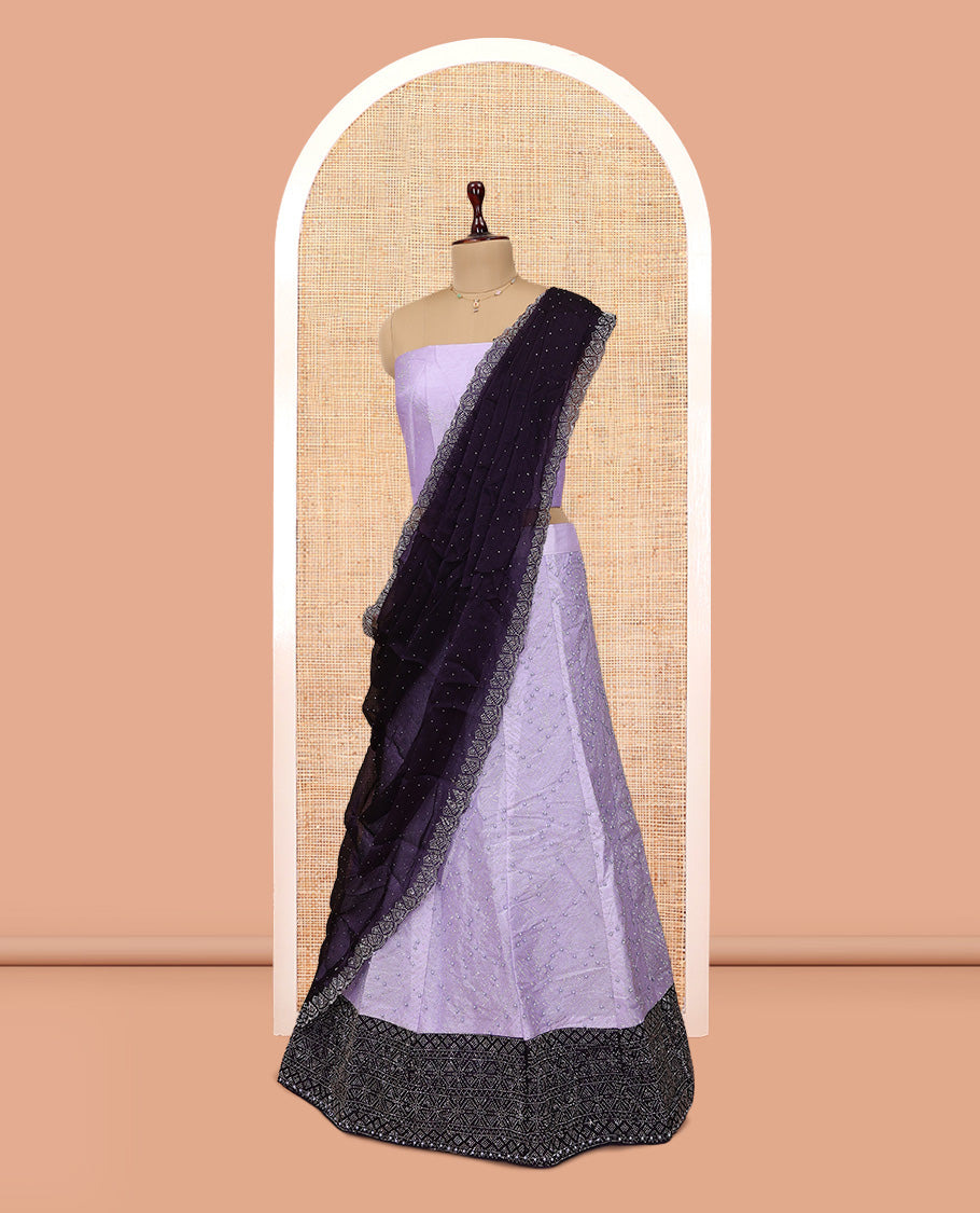 Lavender Banarasi Half-Saree, Finely Crafted with Bead Work Skirt, a Contrast Stone Work Border, Matching Blouse, and Contrast Scallop Stone Work Dupatta