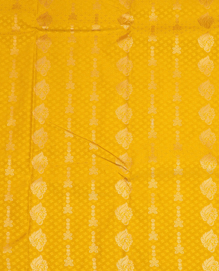 Mango yellow art silk pavadai material set, zari design pavadai, contrast blouse & traditional zari border
