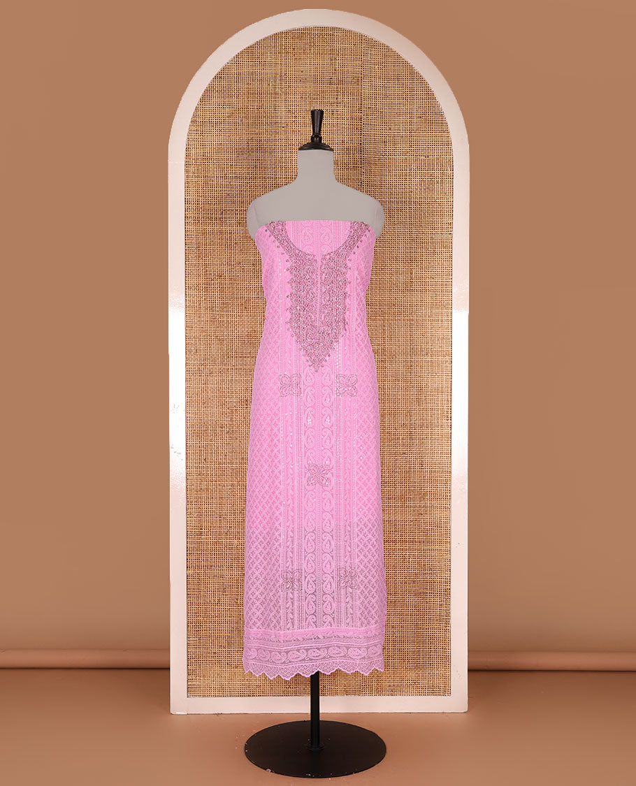 Pink material churidar set, stone work with Schiffli style embroidered georgette top, American Crape bottom, and polka dotted printed mirror work dupatta