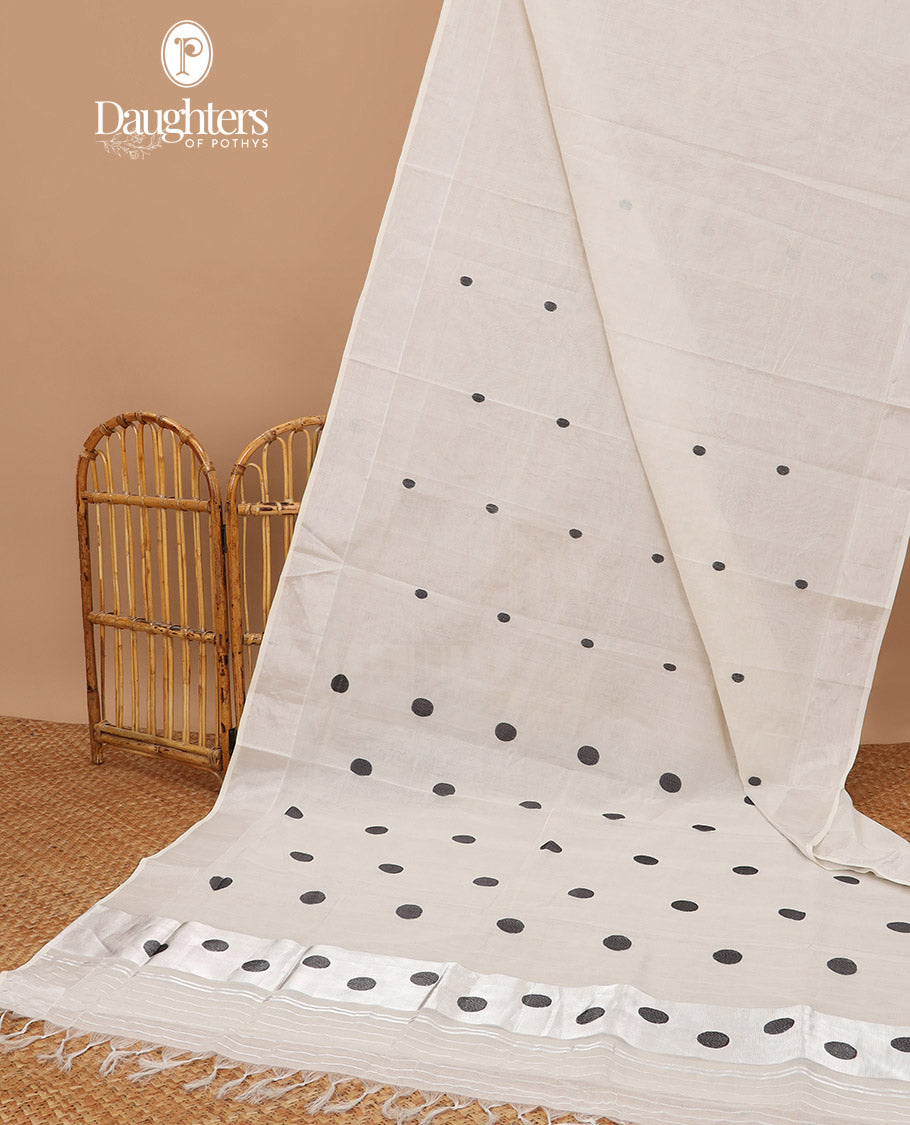 White polka dot kasavu saree with self zari border & striped, polka dot design pallu