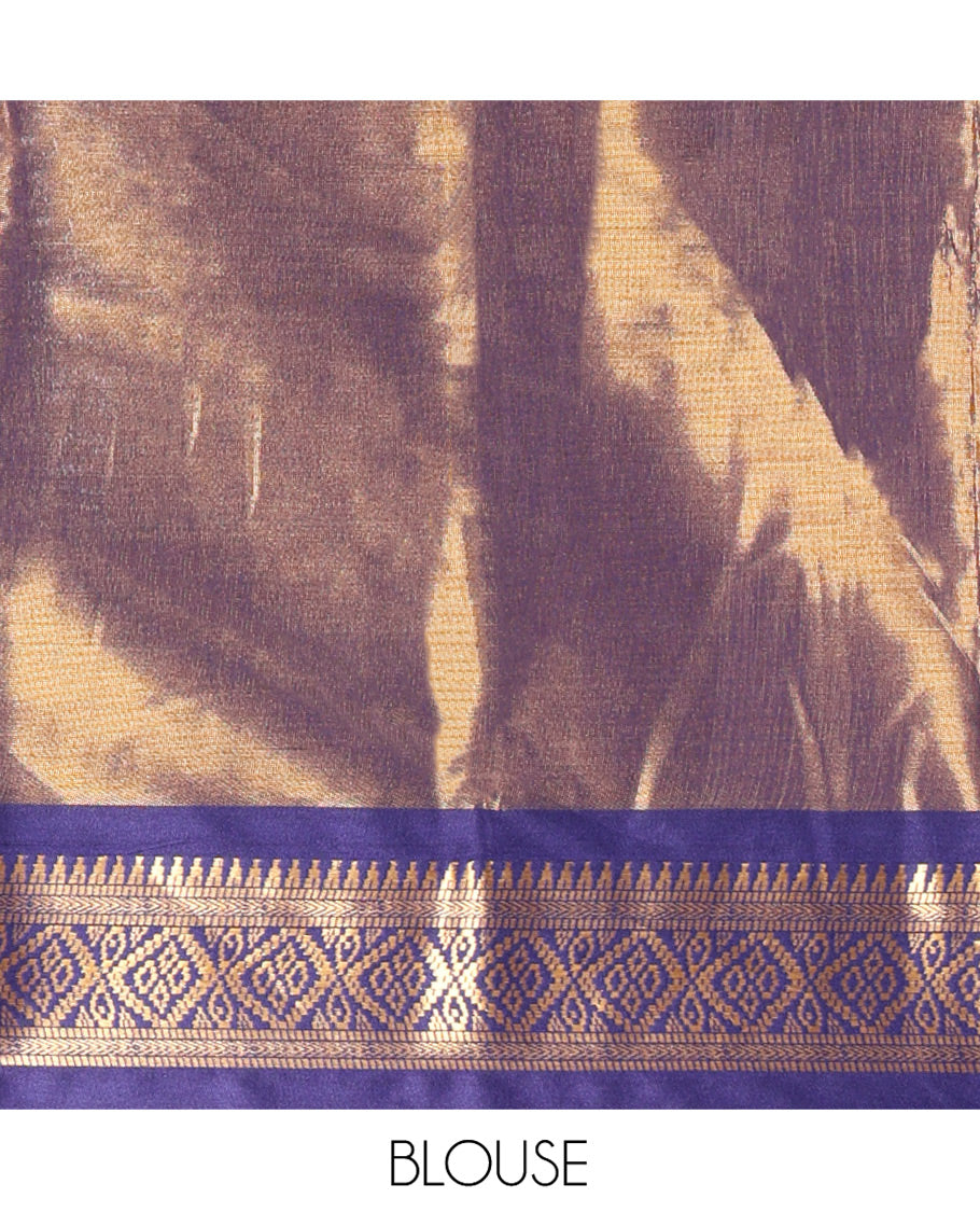 Pink Plain Tissue Cotton Saree, Contrast Traditional Border, Striped Pallu, and Contrast Blouse