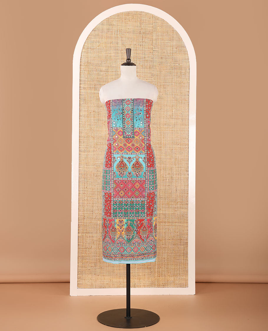 Peacock green crepe masakali material chudidar set,geometric print & mirror embroidery top,plain bottom & multi-color geometric print & mirrorwork dupatta