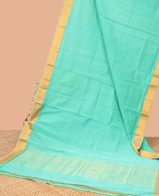 Green mangalagiri cotton saree with contrast striped, temple border & striped pallu
