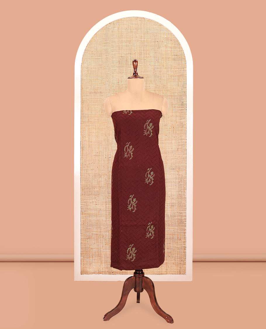Coffee Brown Cotton Material Chudidar, Batik Printed Hakoba Work Top, Contrast Bottom, Batik Printed Dupatta