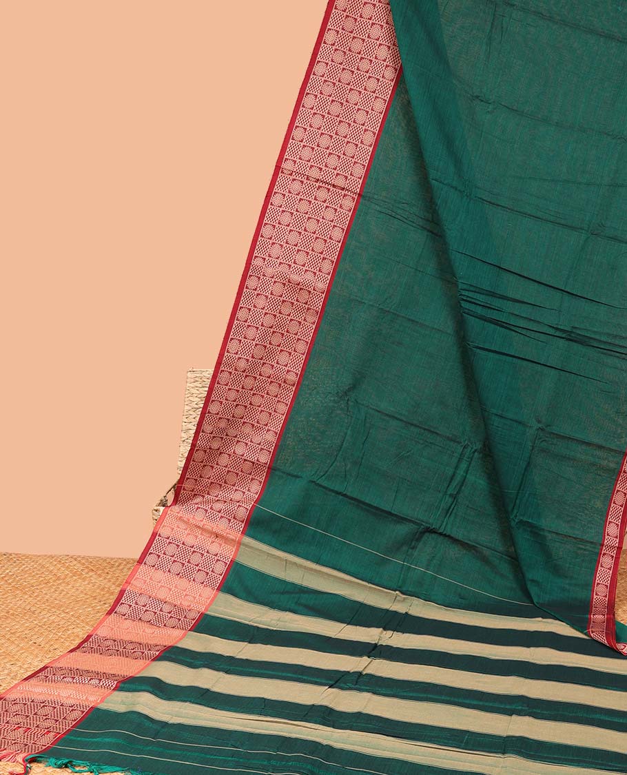 Green plain Narayanapet cotton saree, contrast chakram and bentex design border & striped pallu