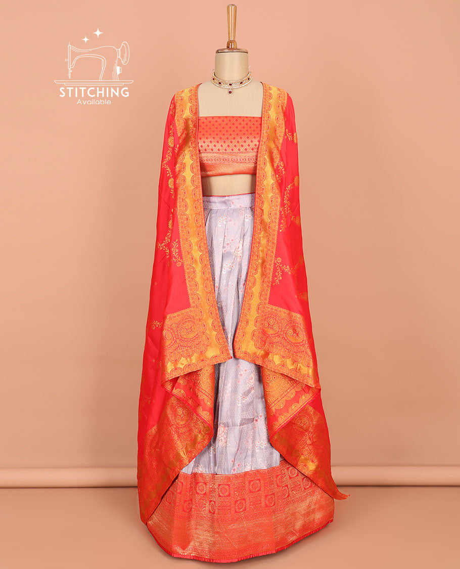 Grey floral printed art silk half saree, contrast traditional design border, jacquard blouse & intricate dhavani