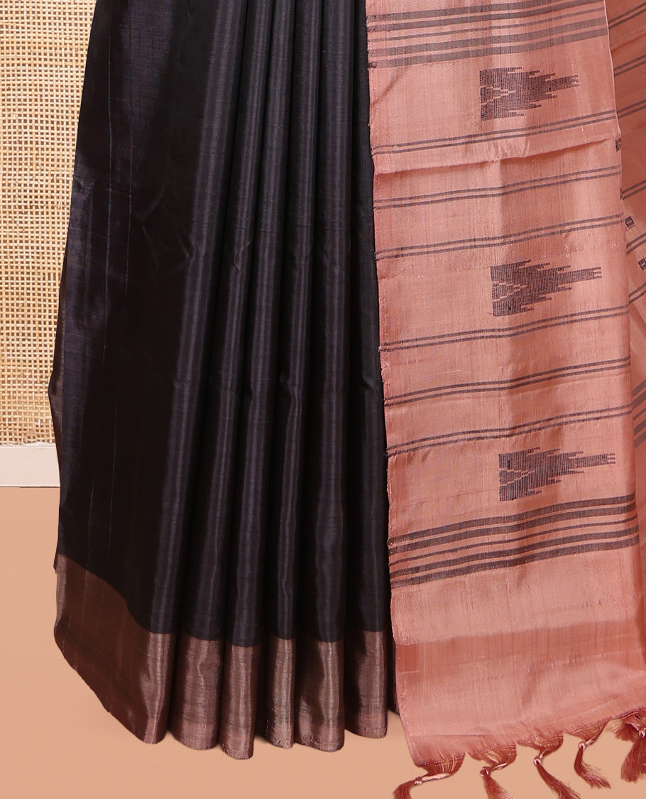 Black Banana Pith Saree, Woven with Buttas, a Contrast Border, Pallu of Buttas and Stripes, and a Contrast Blouse