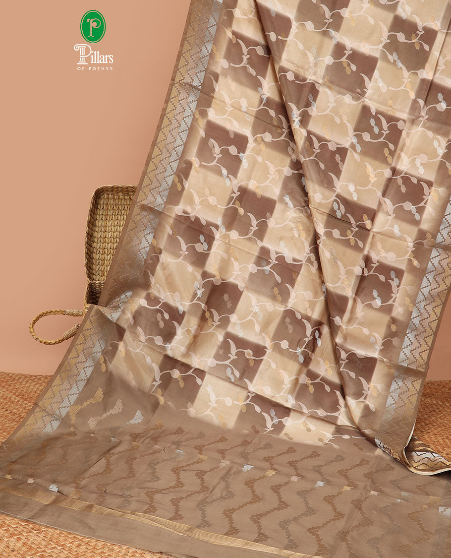 Brown all over checked printed with zari buttas, antique jacquard zari design border & rich zari design pallu