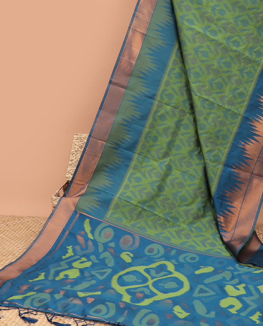 Green allover ikkat weaving design mulburry silk saree with contrast double side, temple zari border & ikkat weaving , rich pallu along with plain with zari border blouse