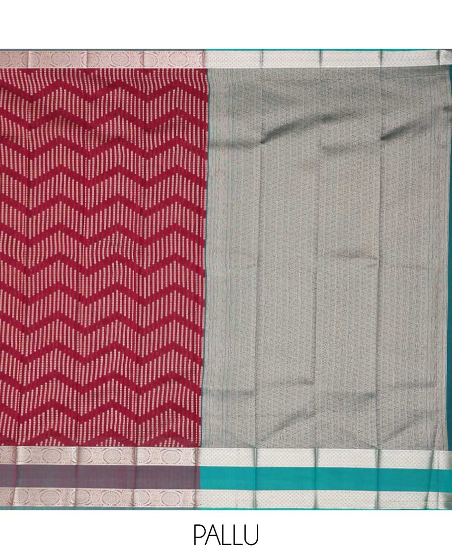 Red chevron kora cotton saree with contrast zari design border & jaal design pallu
