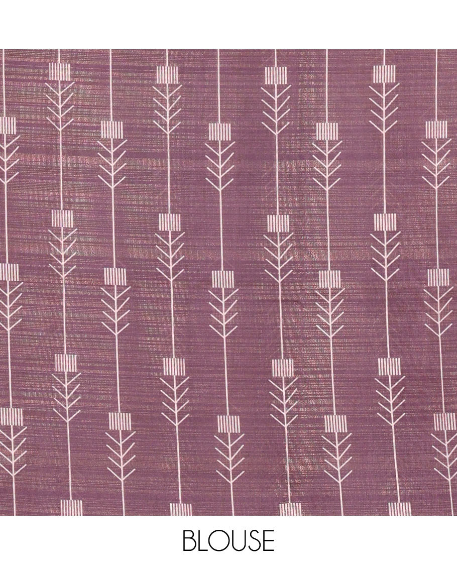 Pink Tissue Saree, Detailed with Horizontal Stripes and Unique Motifs Printed All Over Its Body, Complemented by Contrast Printed Border, Pallu Depicts Geometric Patterns, and Paired with a Contrast Geometric Printed Blouse