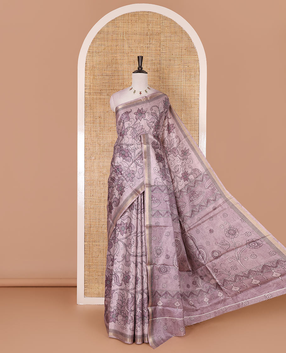 Light violet kalamkari style floral vine printed semi-tussar saree, gold zari piping border, printed pallu, and matching printed blouse