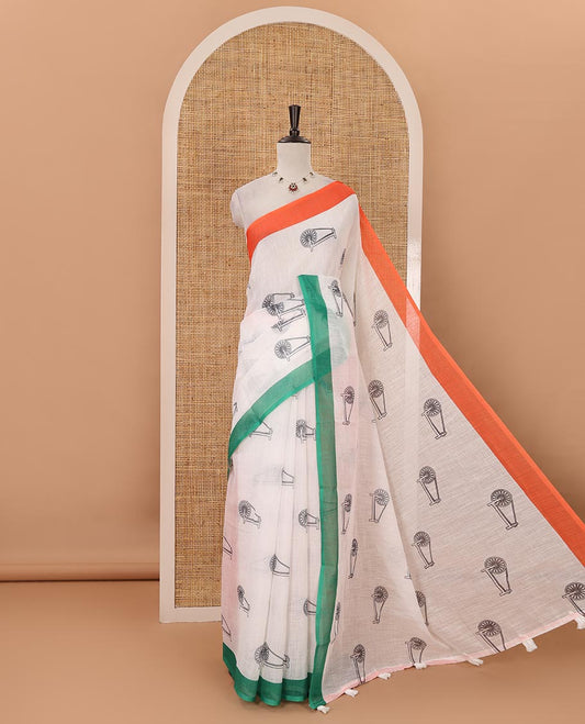 White khadi Gandhi chakram motifs linen saree, contrast ganga jamuna plain border & contrast orange plain blouse