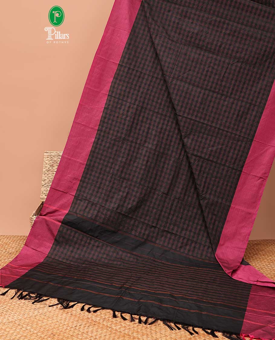 Black copper zari checks bhavishna silk saree contrast line zari border & contrat blouse