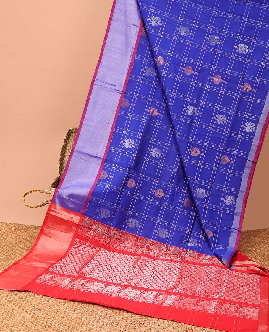 Blue checked design kupadam cotton saree with zari buttas, contrast plain border & pallu of intricate designs