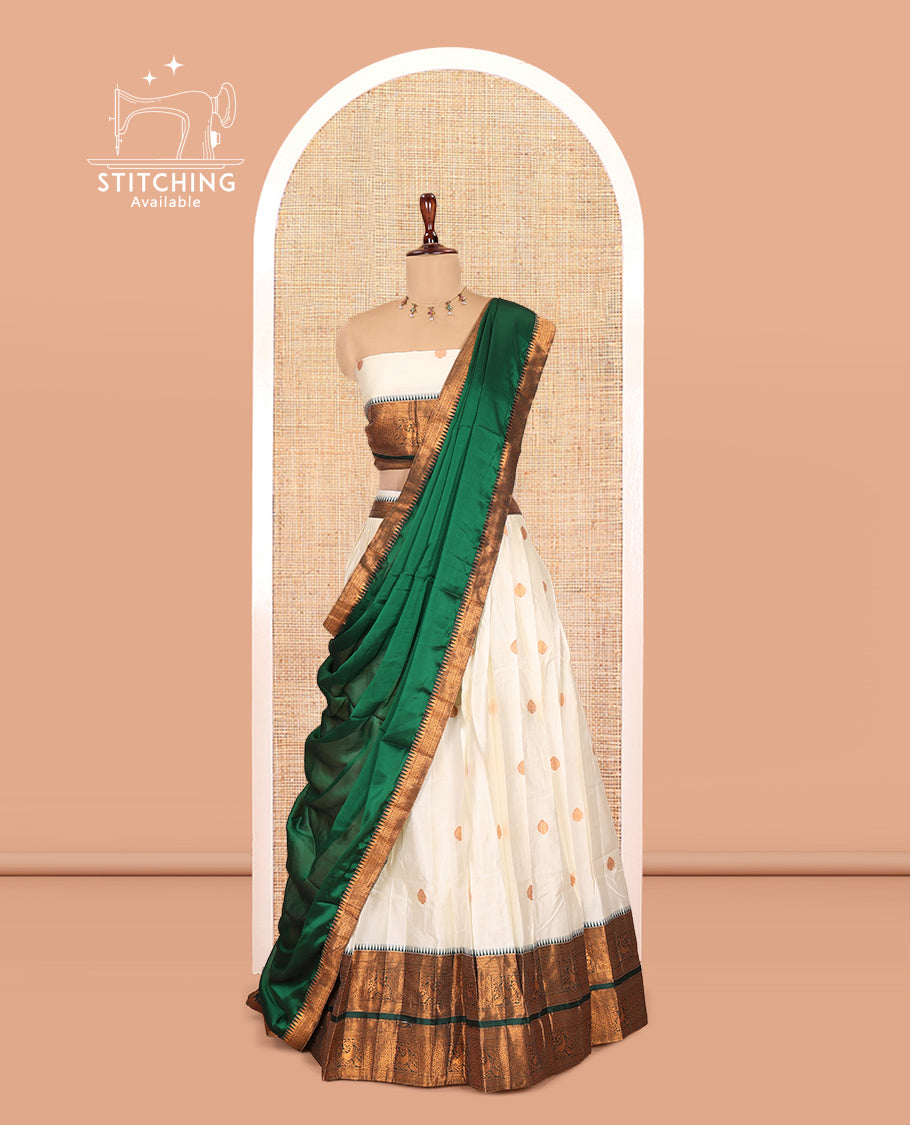 Cream-Green Banaras Silk Half-Saree Features Zari Buttas Skirt, a Contrast Traditional Border, a Matching Blouse, a Contrast Dhavani