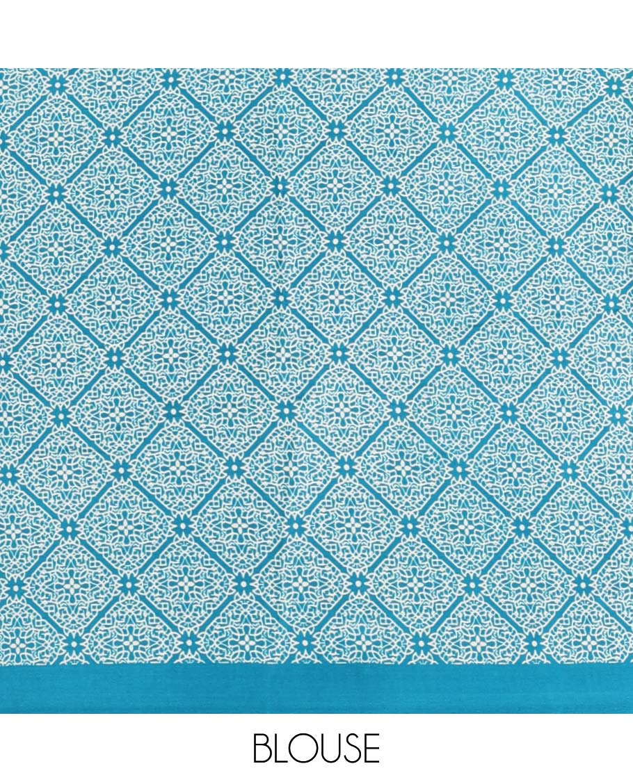 Blue small polka dots printed gajji silk saree with self-border & pallu printed with a dot enclosed checks, blouse with intricate motif print