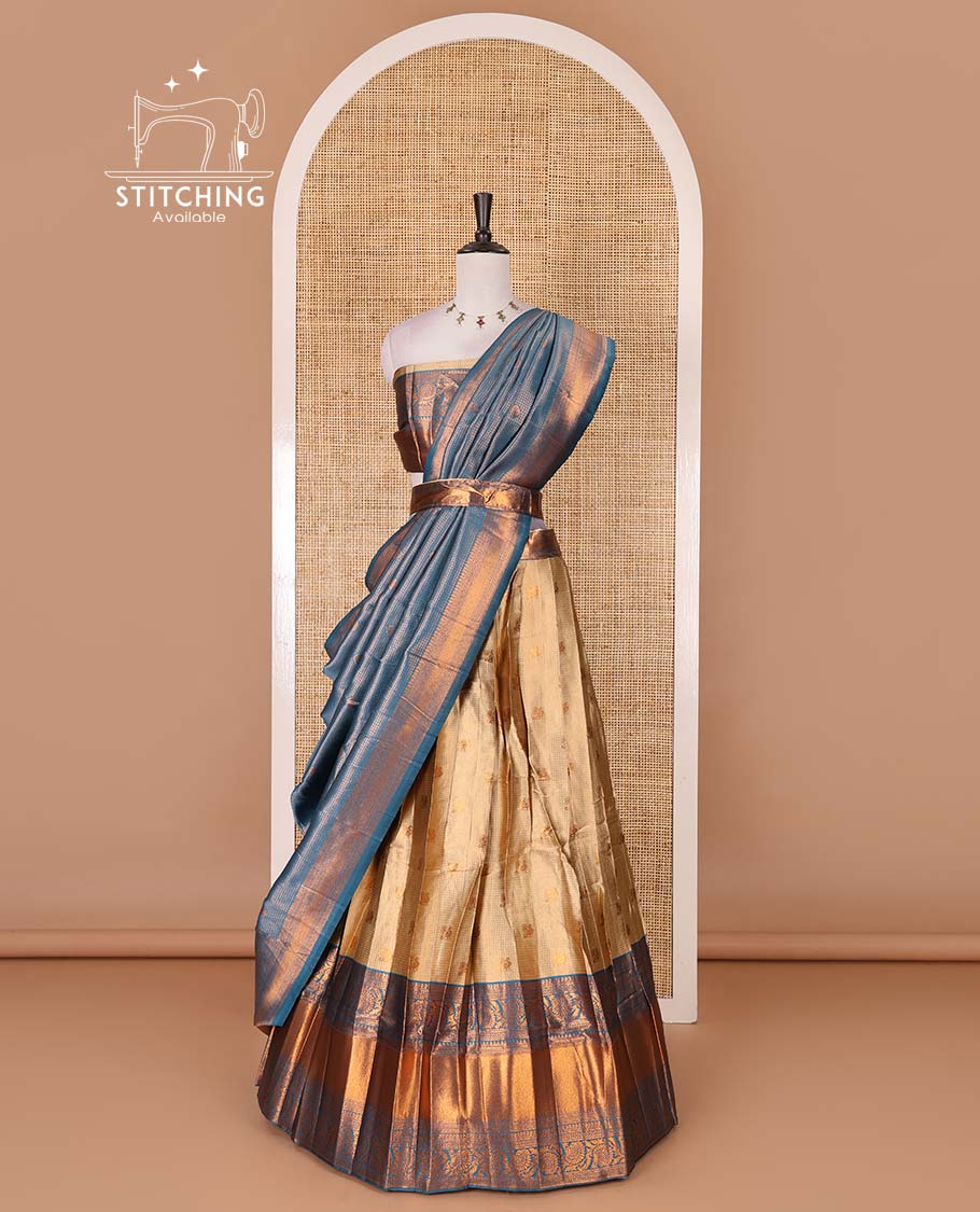 Gold banaras half saree, zari buttas with contrast blue traditional zari border skirt, matching blouse, dhavani of zari checks, and buttas