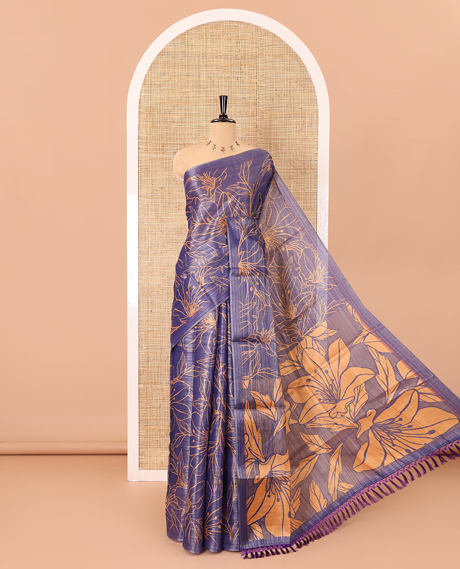 Borderless violet floral motifs printed tissue silk saree with floral printed pallu, and a contrast plain blouse