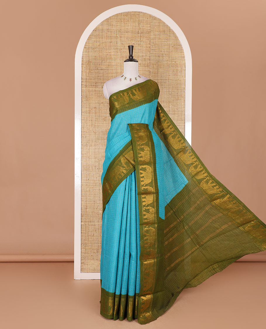 Blue zari checked Sungudi cotton saree, contrast elephant motif border, zari striped pallu, and contrast zari design blouse