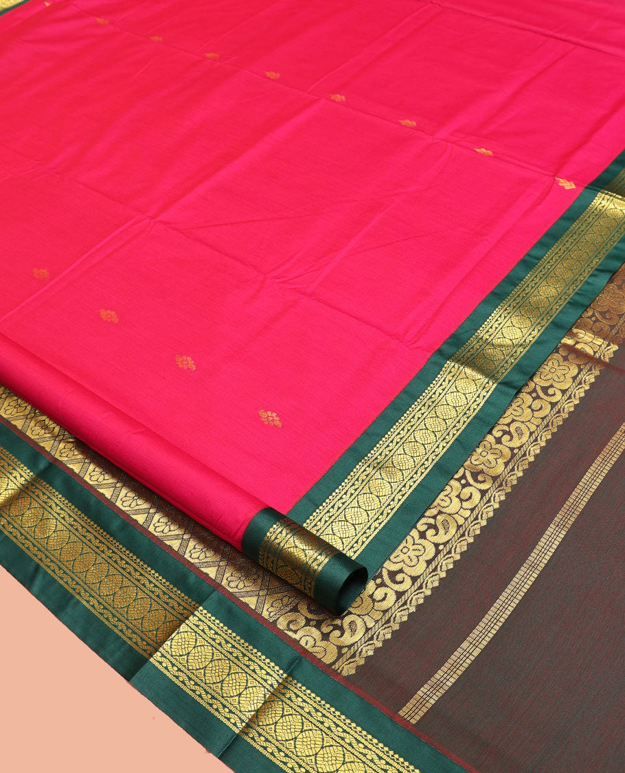 Pink Nine-Yard Art Silk Saree, Spotlighted with Buttas All Over Its Body, Complemented by a Contrast Traditional Zari Design Border, Gand Jaal Design Pallu, and Comes Without a Blouse