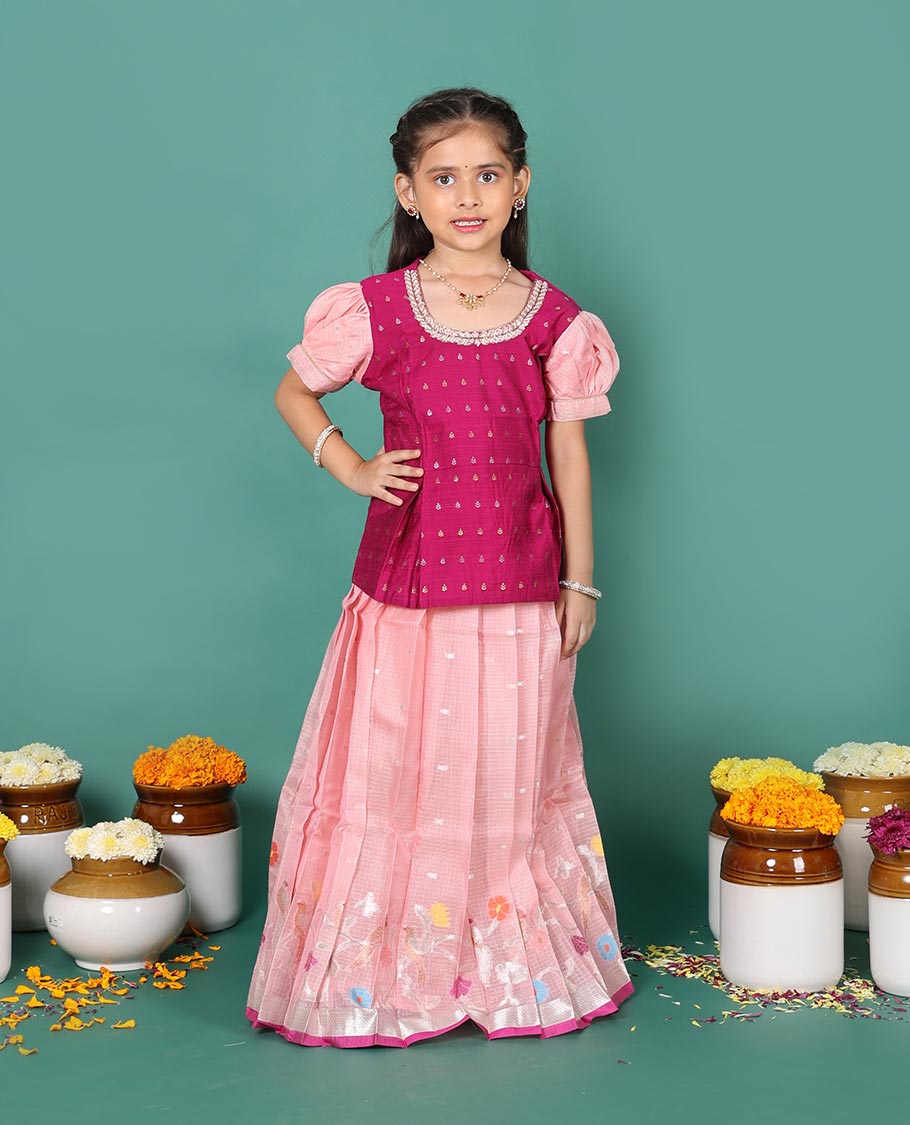 Pink art silk readymade pavadai set, buttas with thread floral embroidery skirt with contrast neck embroidered puff-sleeve blouse