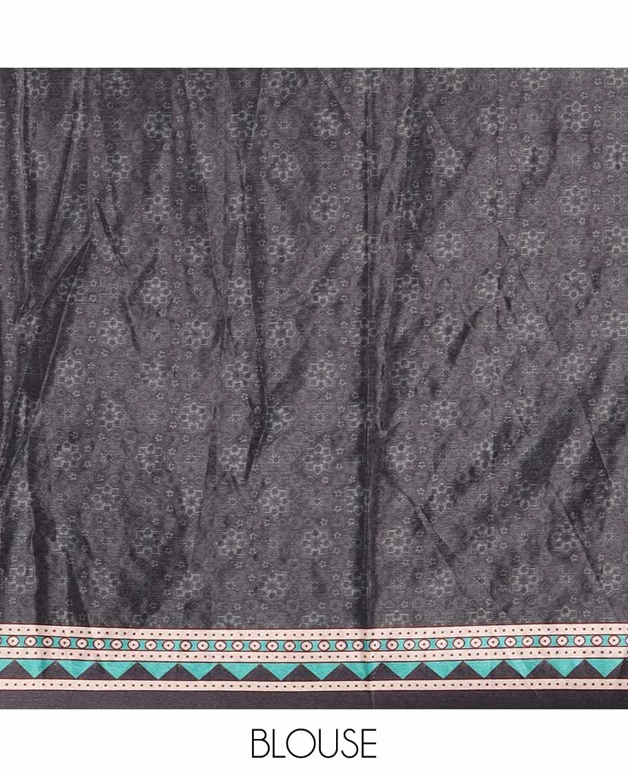 Black floral & geometric print & mirror embroidery masakali saree,self-border & pallu of print & mirrorwork, printed blouse