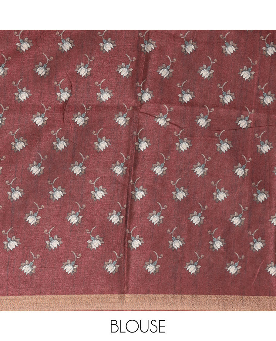 Blue kalamkari flora printed kadhi linen saree,contrast zari piping & flora-fauna print border,kalamkari print pallu & printed blouse