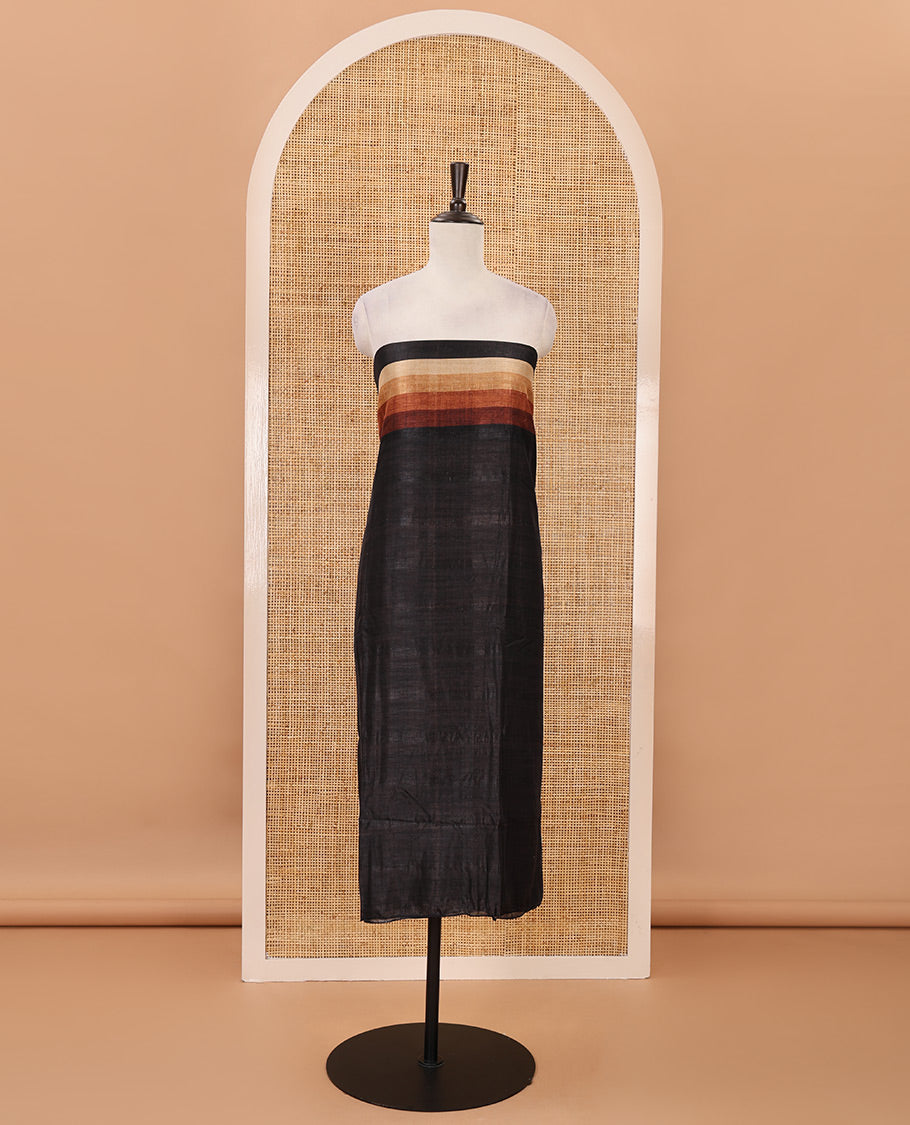Black material chudidar set, horizontal brown-ombre striped semi-tussar top, plain santoon bottom & horizontal brown-ombre striped dupatta with tassels
