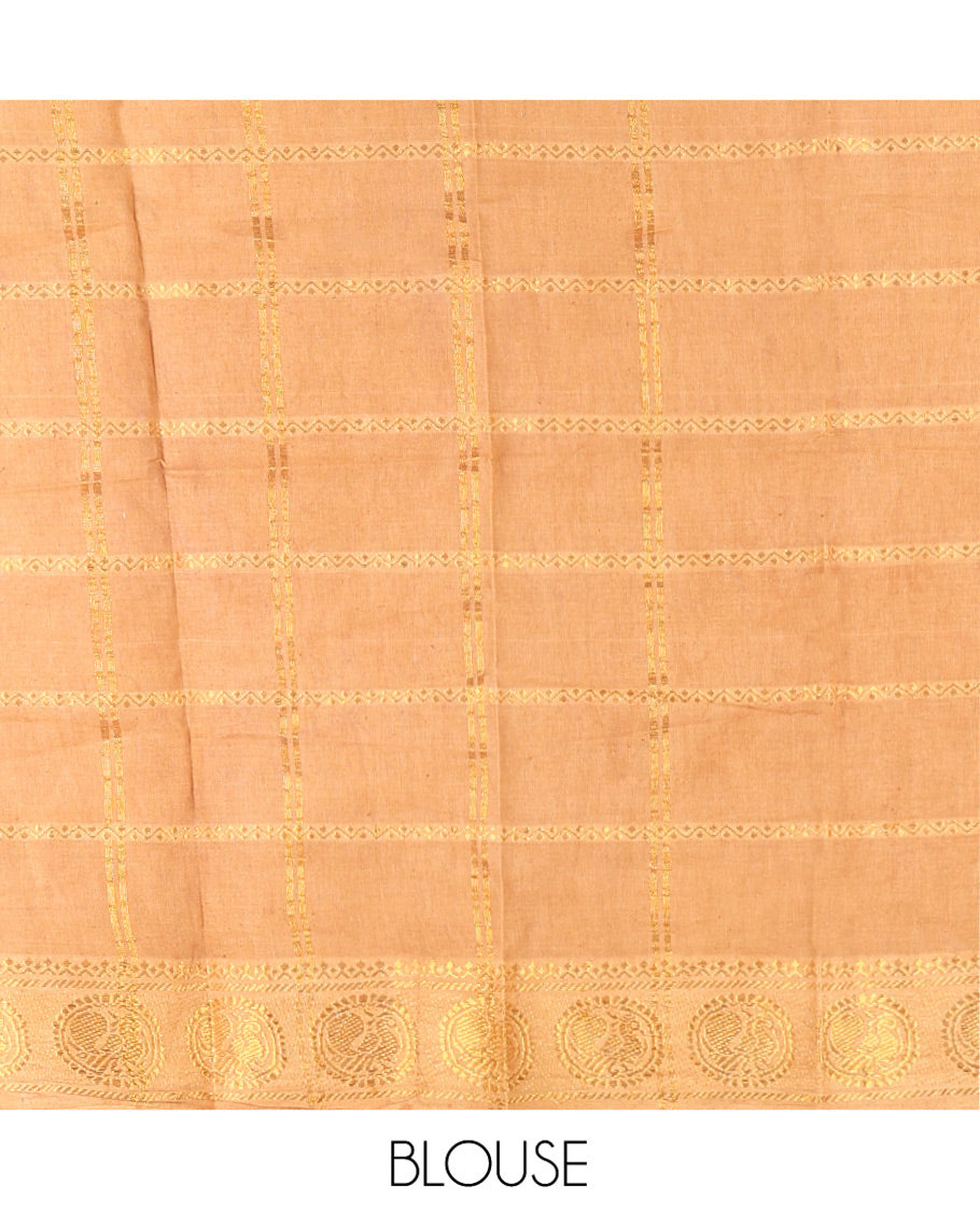 Coffee Brown Plain Sungudi Cotton Saree, Highlighted by Traditional Zari Border of Peacock and Elephant Motifs Weave, Subtly Striped Pallu, and Paired with a Contrast Veldhari Design Blouse