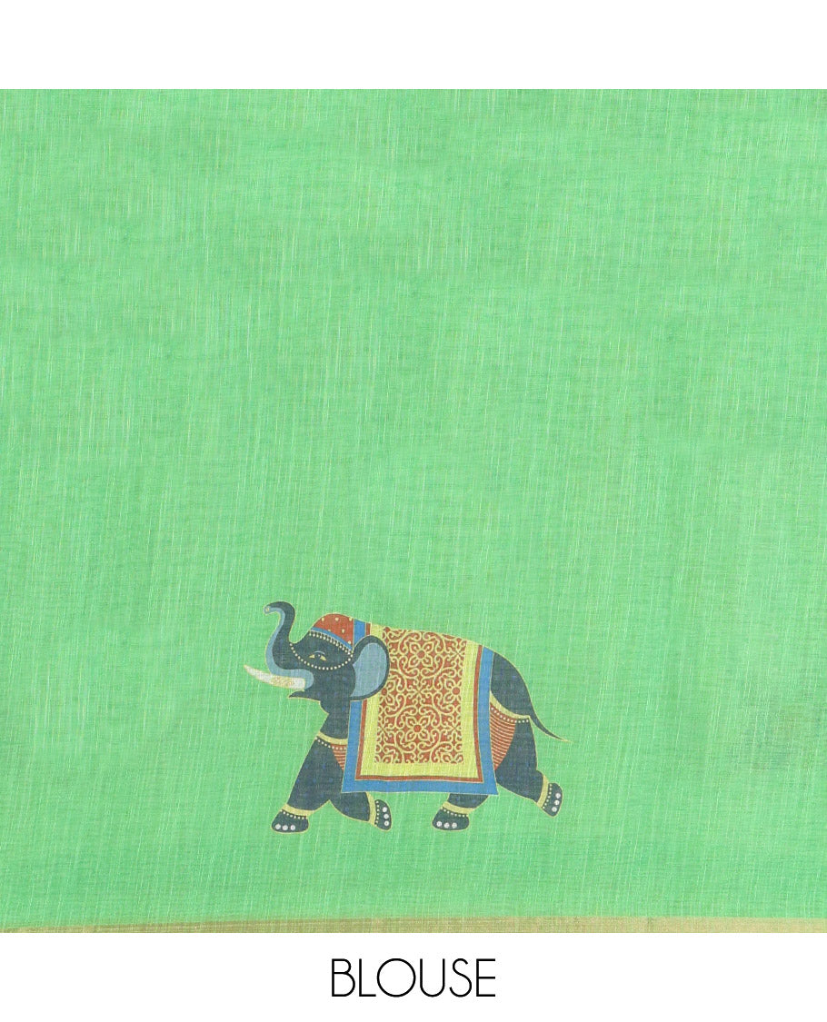 Green Linen Cotton Saree, Decked Up with Micro-Checks and Elephant Motifs on Its Body, Complemented by a Contrast Border, Striped Pallu, and Paired with a Contrast Elephant Motifs Printed Blouse