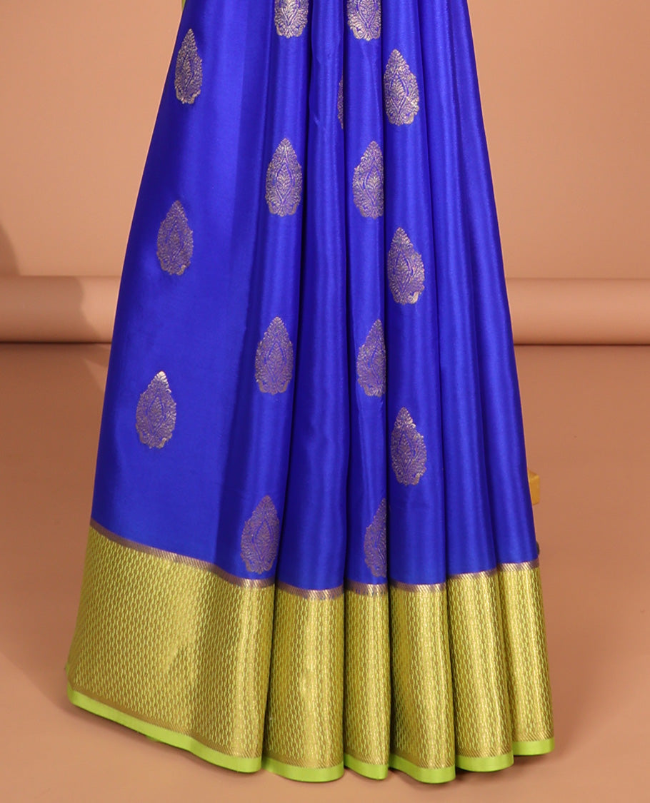 Blue buttas mysore silk saree with contrast ogee zari design border & intricate striped design pallu