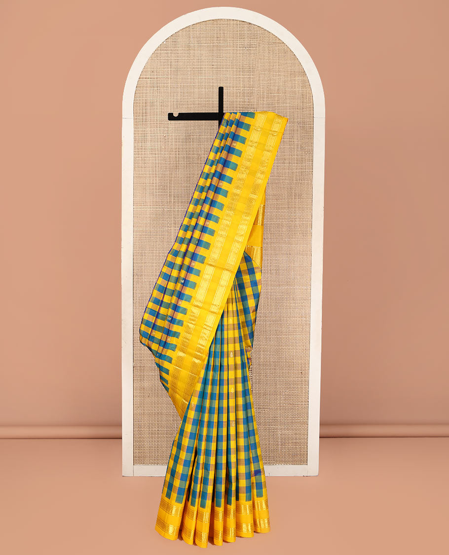 Multi-Color Kanchipuram Silk Saree, Detailed with Palum Pazhamum Checks, Complemented by a Contrast One-Sided Korvai Border of Banaras, and Diamond Designs, Pallu of Zari Designs, and Comes Without a Blouse