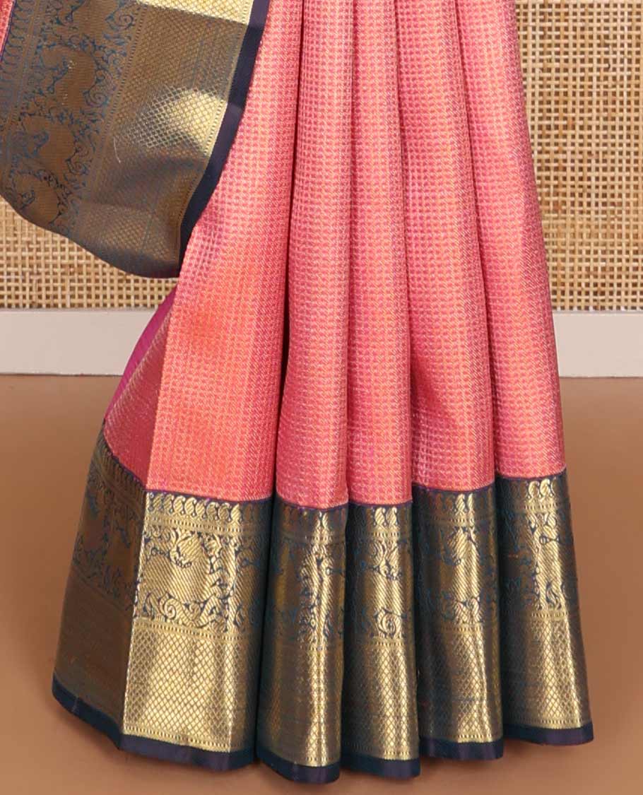 Pink geometric design silk saree with contrast border of manga, muthu, banaras, kuyil kann design & floral pallu