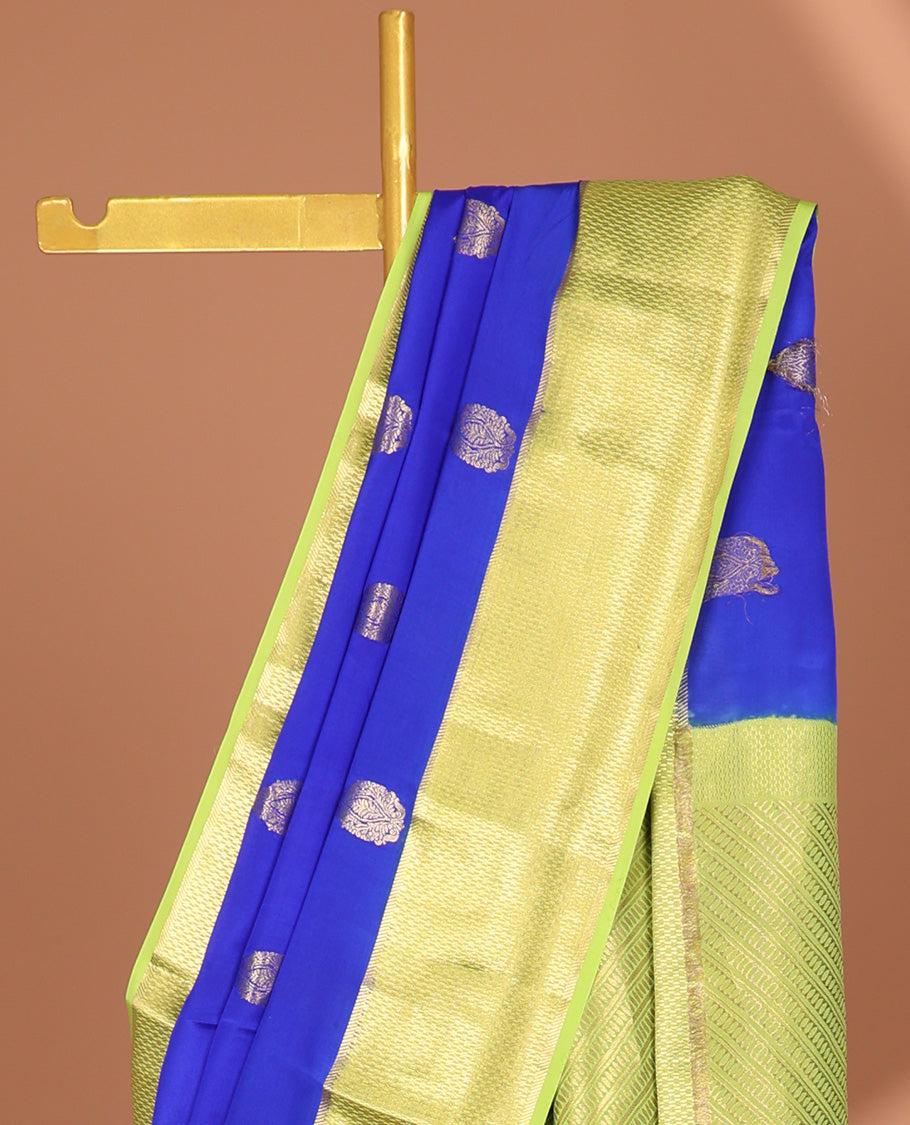 Blue buttas mysore silk saree with contrast ogee zari design border & intricate striped design pallu