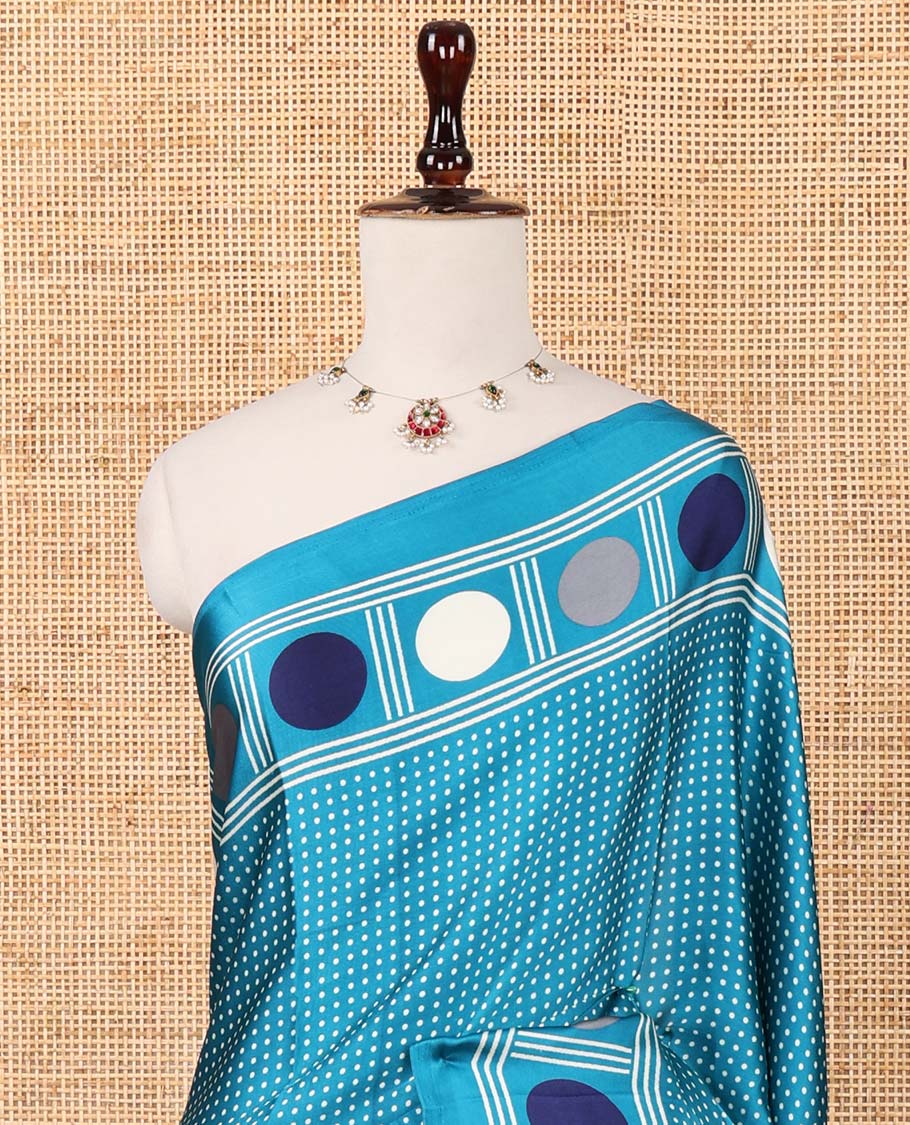 Blue small polka dots printed gajji silk saree with self-border & pallu printed with a dot enclosed checks, blouse with intricate motif print